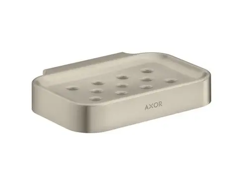 Seifenschale aus gebürstetem Nickel von AXOR, rechteckig mit abgerundeten Kanten und mehreren Ablauflöchern auf der Oberfläche.